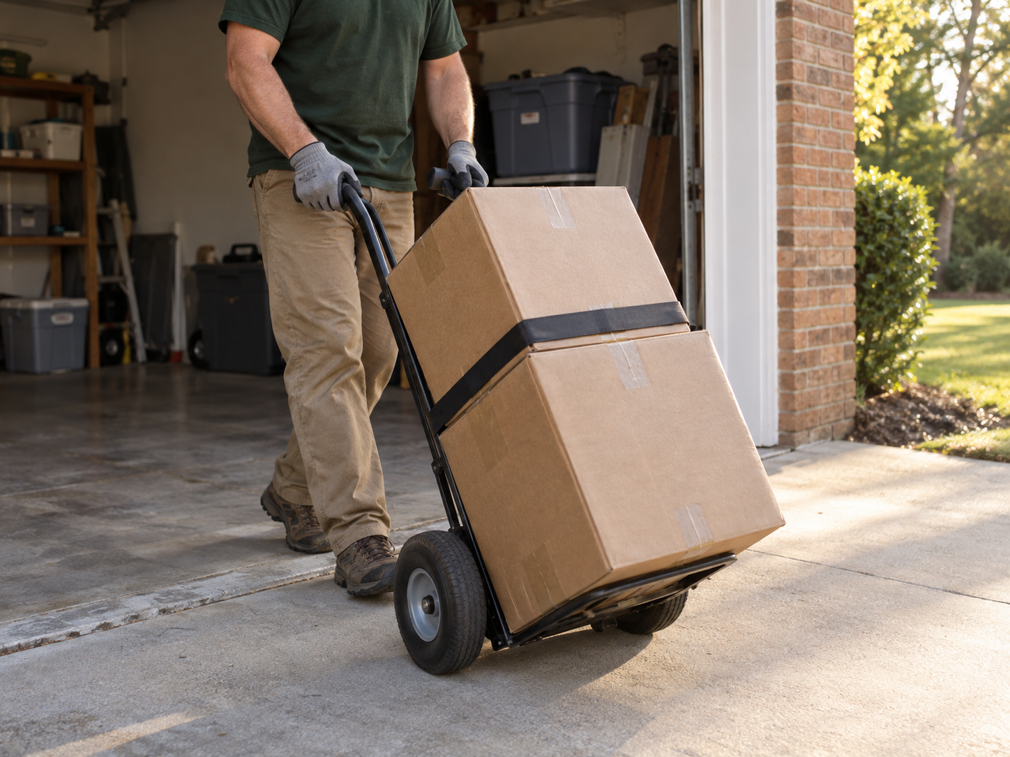 Illustrative scene of a worker moving boxes on a hand truck