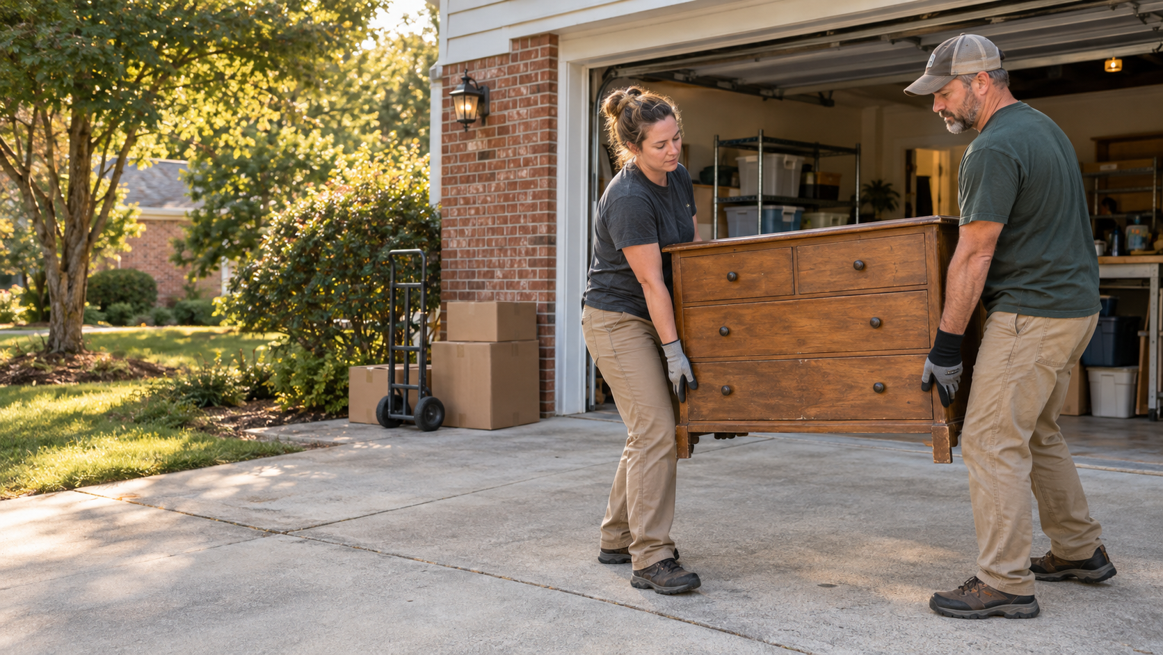 Illustrative scene of people carrying household items out of a garage