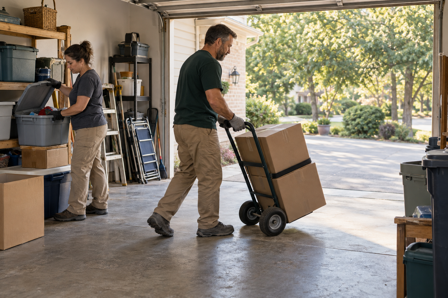 A worker moves boxes toward an open garage door while a colleague sorts a storage bin beside the shelves