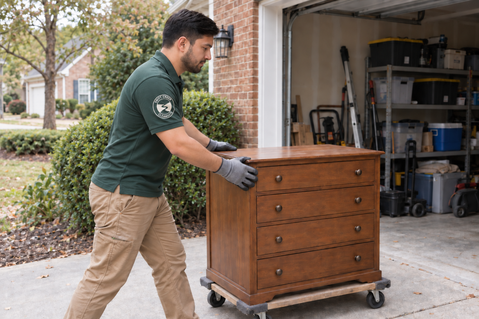 A man in a Swift Creek Cleanouts shirt moving a dresser on a furniture dolly outside a garage
