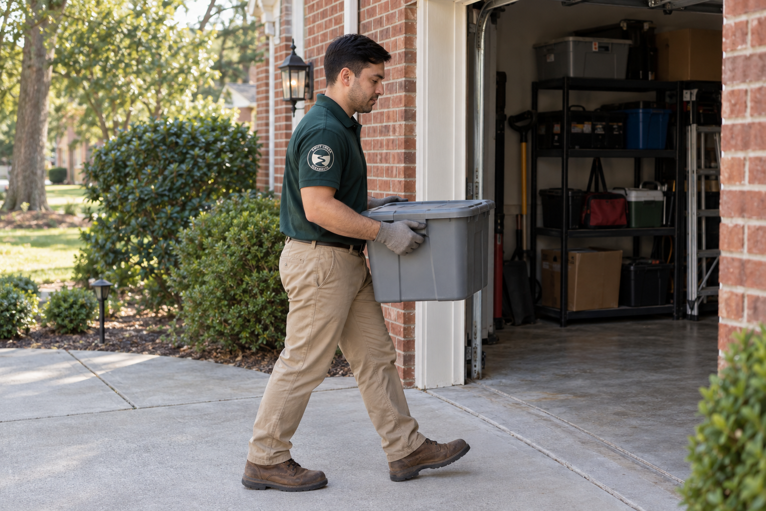 A man in a Swift Creek Cleanouts shirt carrying a storage tote out of a garage