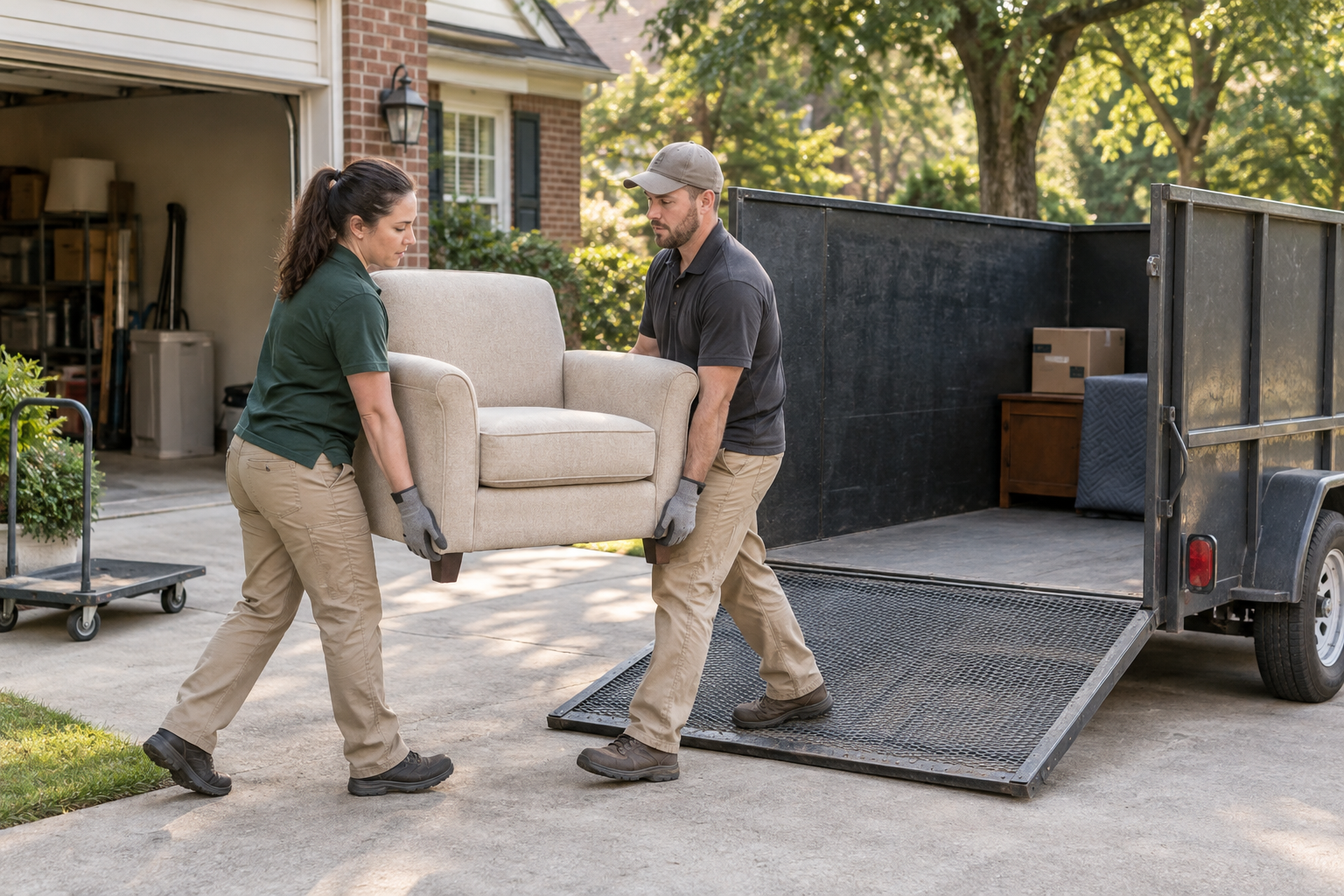 Two workers carry an armchair beside the open ramp of a utility trailer on a suburban driveway